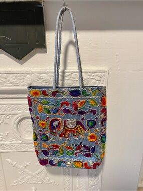 Boho Elephant Embroidered Tote Bag - Multicolor